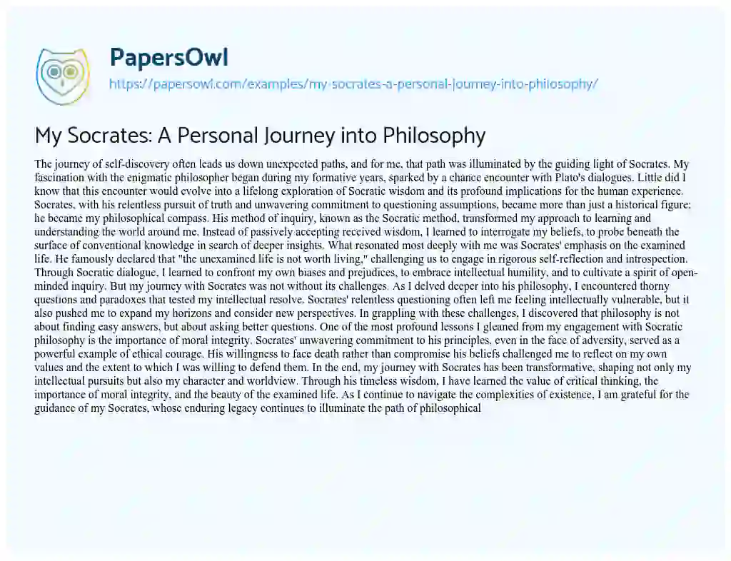 Essay on My Socrates: a Personal Journey into Philosophy
