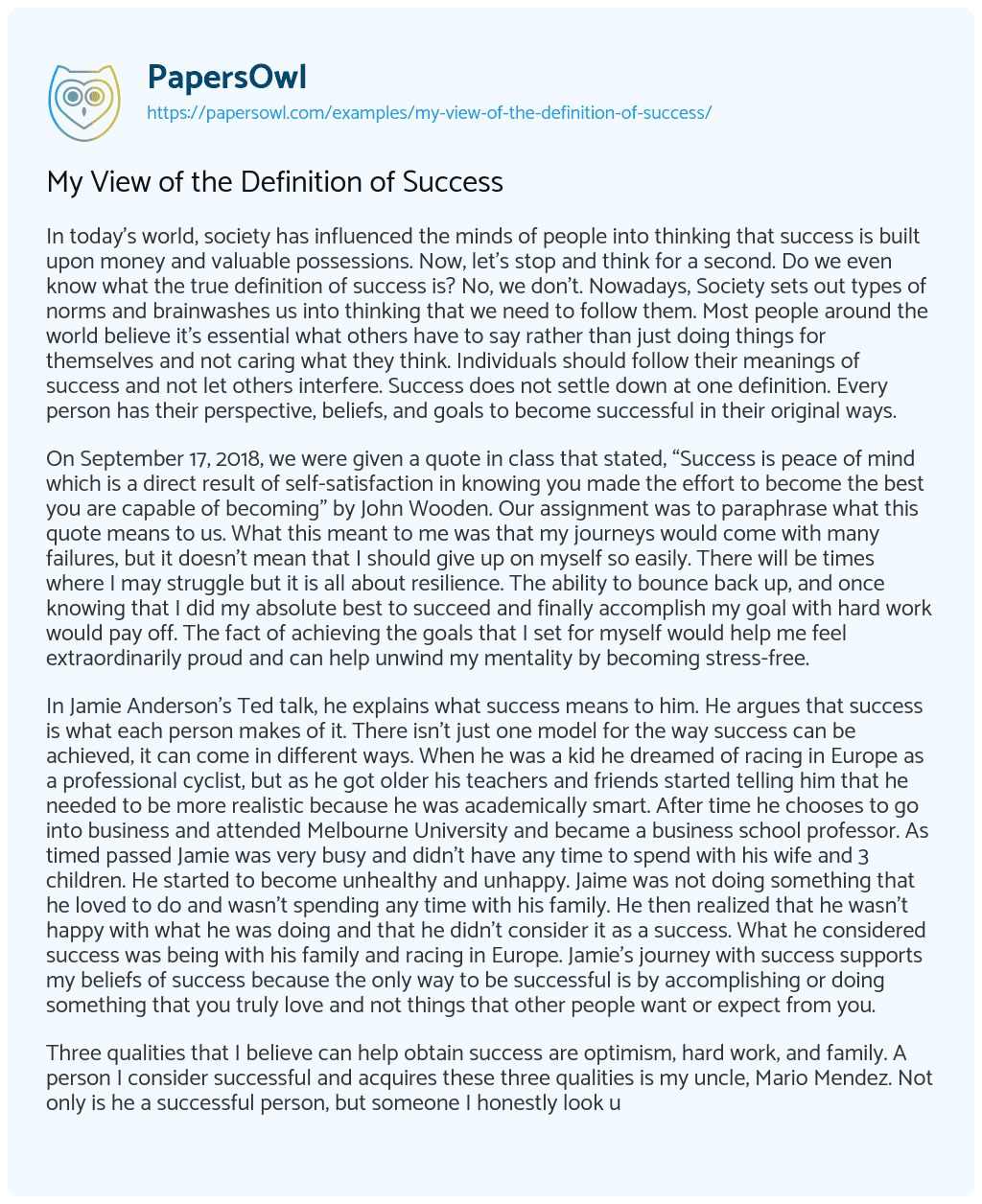 Essay on My View of the Definition of Success