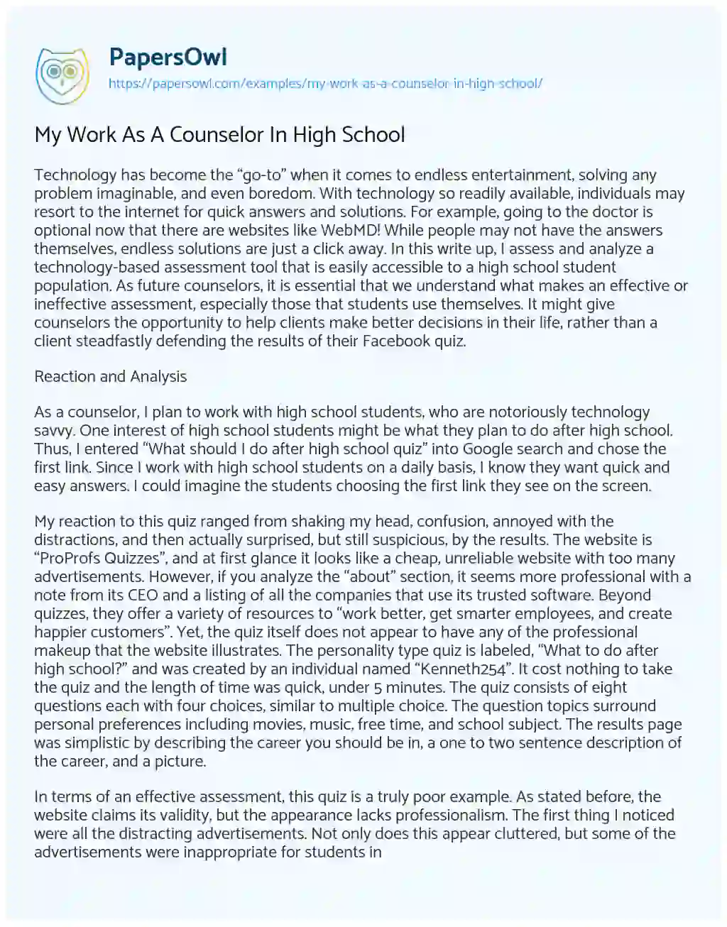 Essay on My Work as a Counselor in High School