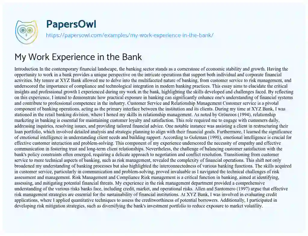 Essay on My Work Experience in the Bank
