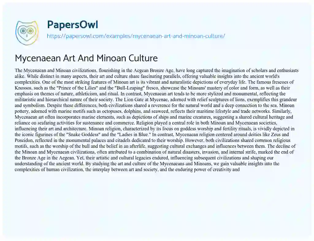 Essay on Mycenaean Art and Minoan Culture