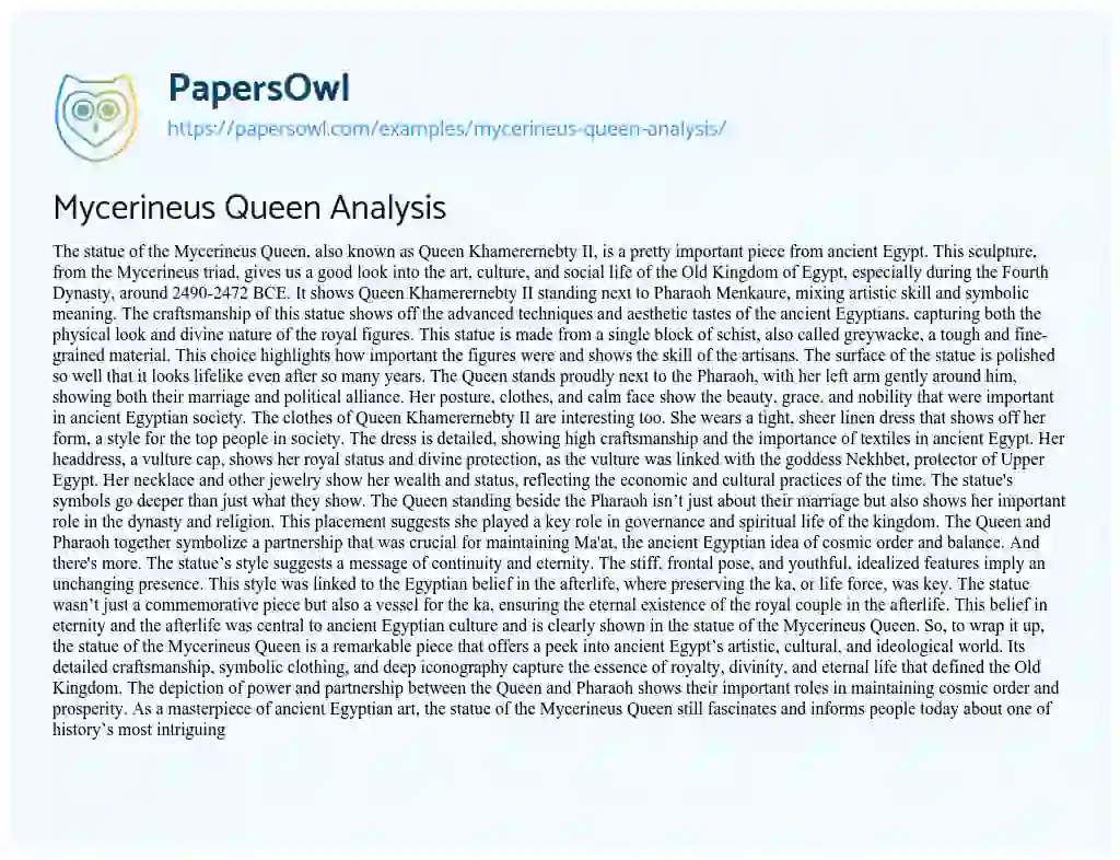 Essay on Mycerineus Queen Analysis