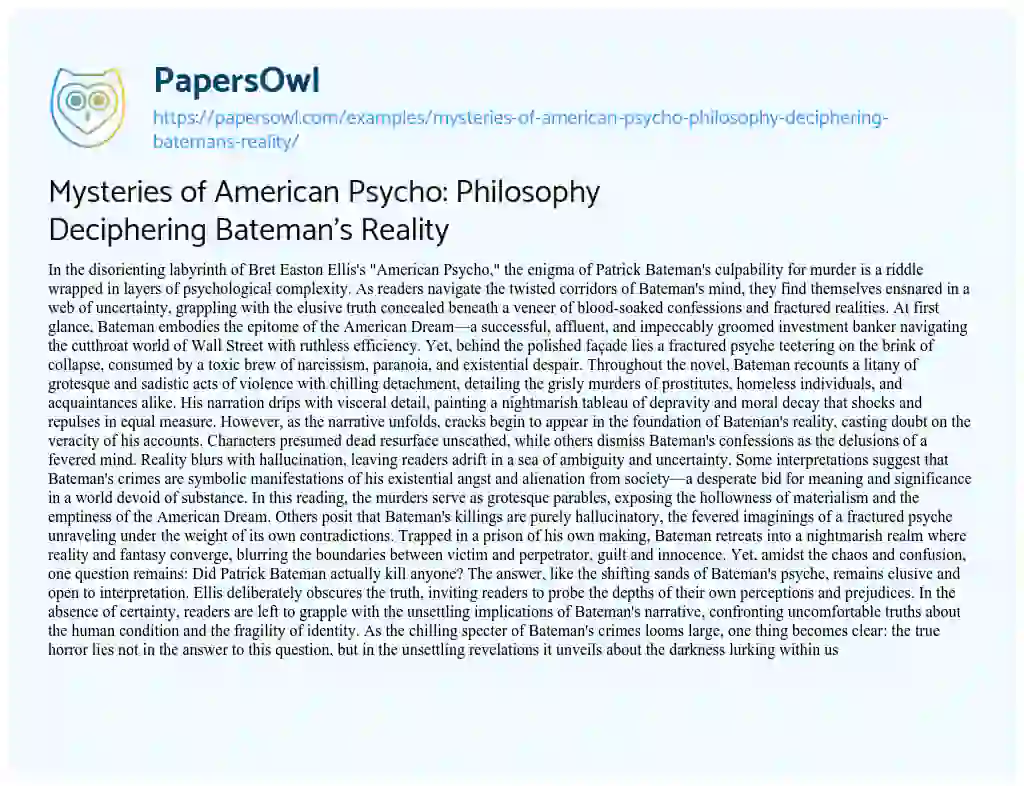 Essay on Mysteries of American Psycho: Philosophy Deciphering Bateman’s Reality