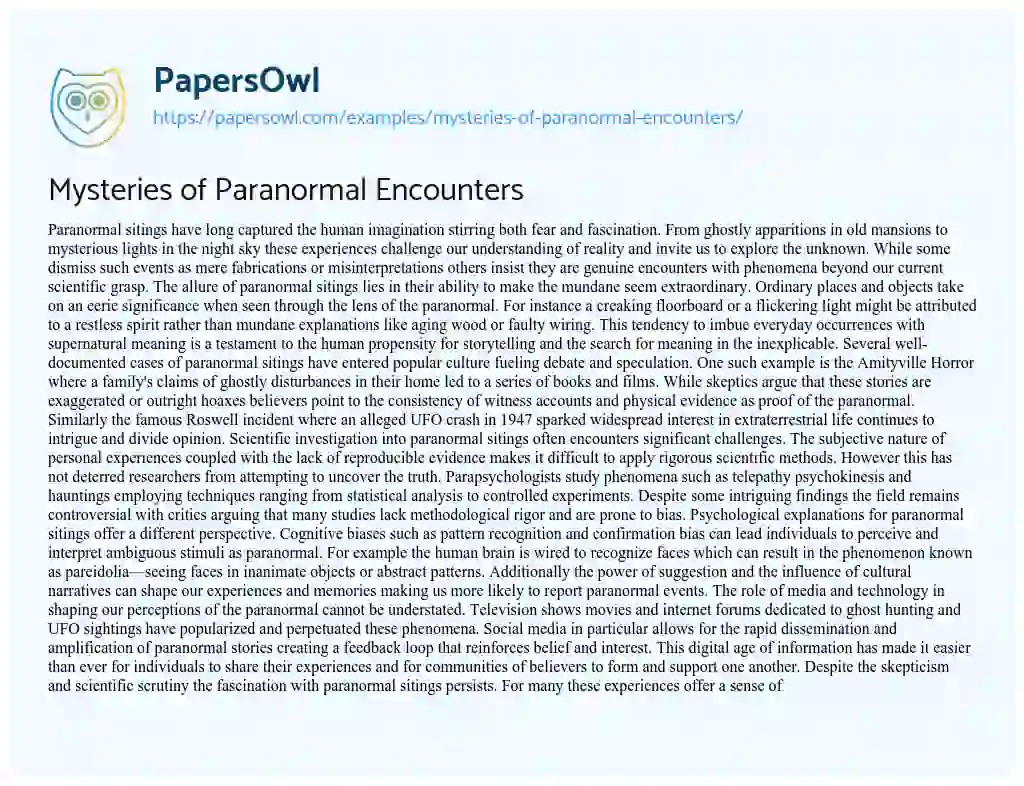 Essay on Mysteries of Paranormal Encounters