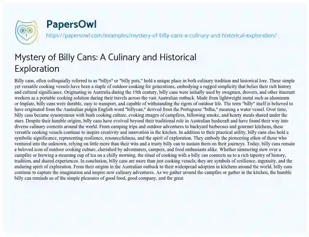 Essay on Mystery of Billy Cans: a Culinary and Historical Exploration