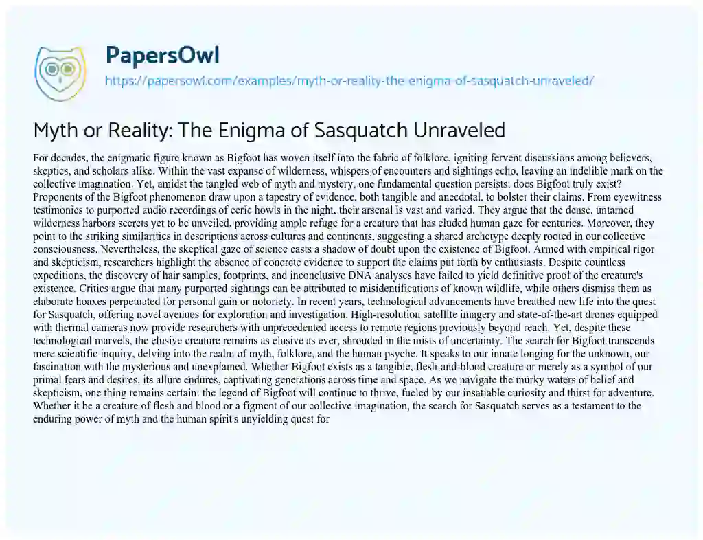 Essay on Myth or Reality: the Enigma of Sasquatch Unraveled