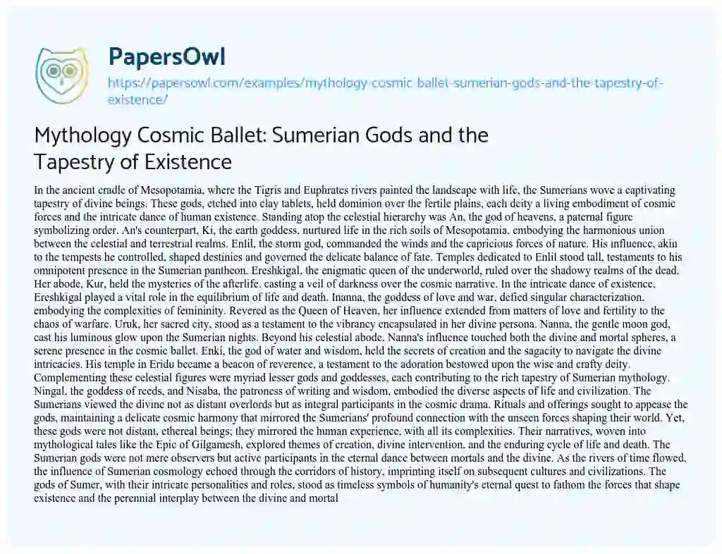 Essay on Mythology Cosmic Ballet: Sumerian Gods and the Tapestry of Existence