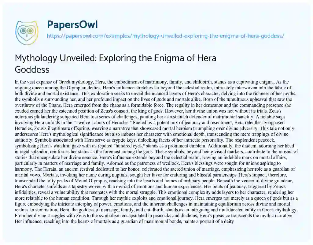 Essay on Mythology Unveiled: Exploring the Enigma of Hera Goddess