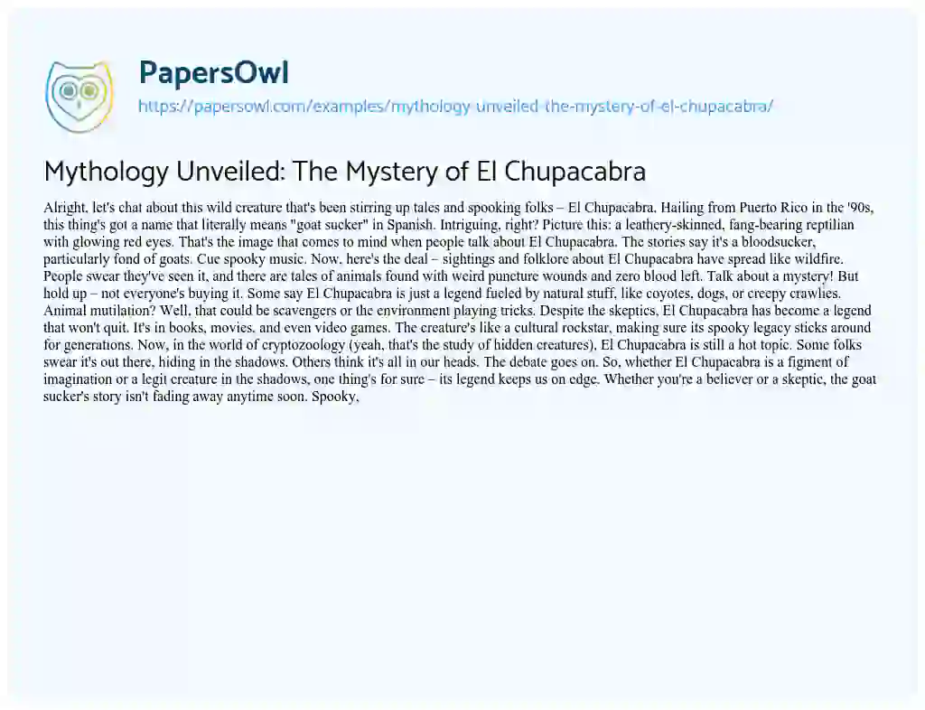 Essay on Mythology Unveiled: the Mystery of El Chupacabra