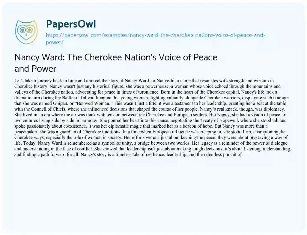 Essay on Nancy Ward: the Cherokee Nation’s Voice of Peace and Power