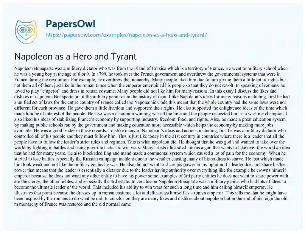 Essay on Napoleon as a Hero and Tyrant