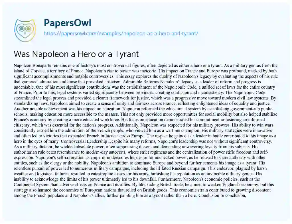 Essay on Napoleon as a Hero and Tyrant