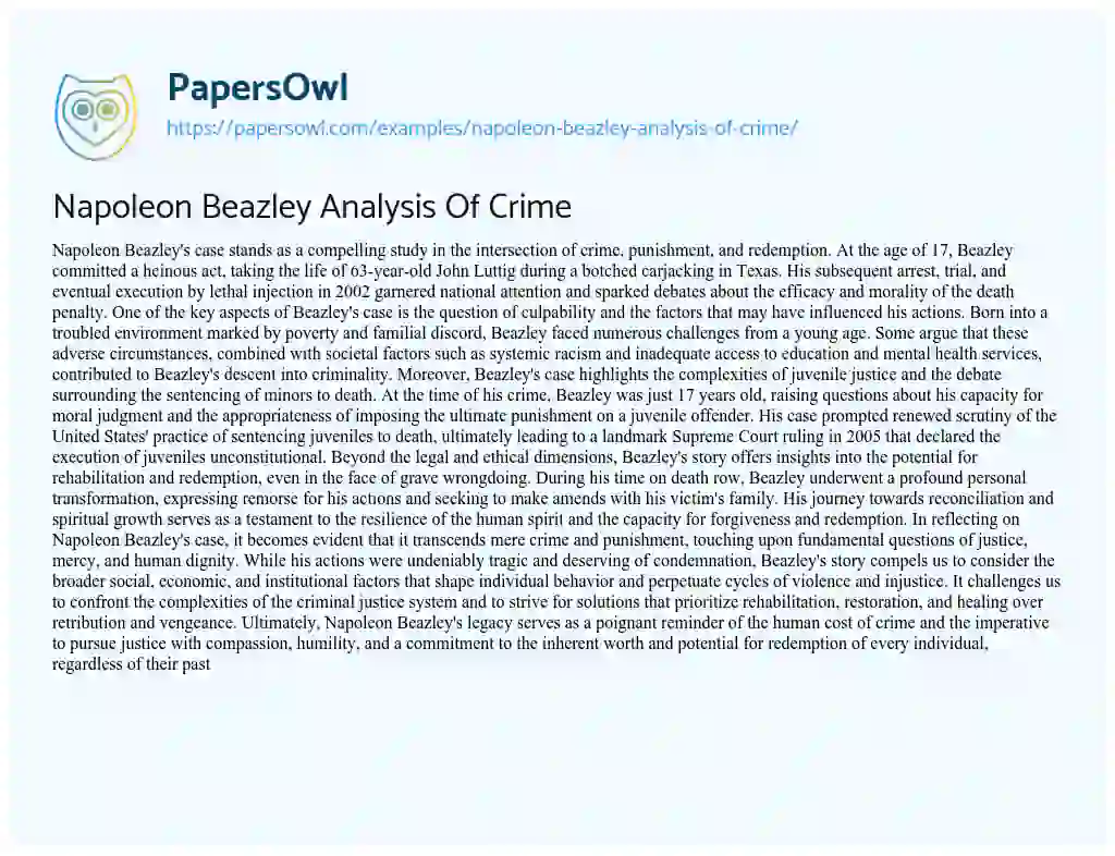 Essay on Napoleon Beazley Analysis of Crime