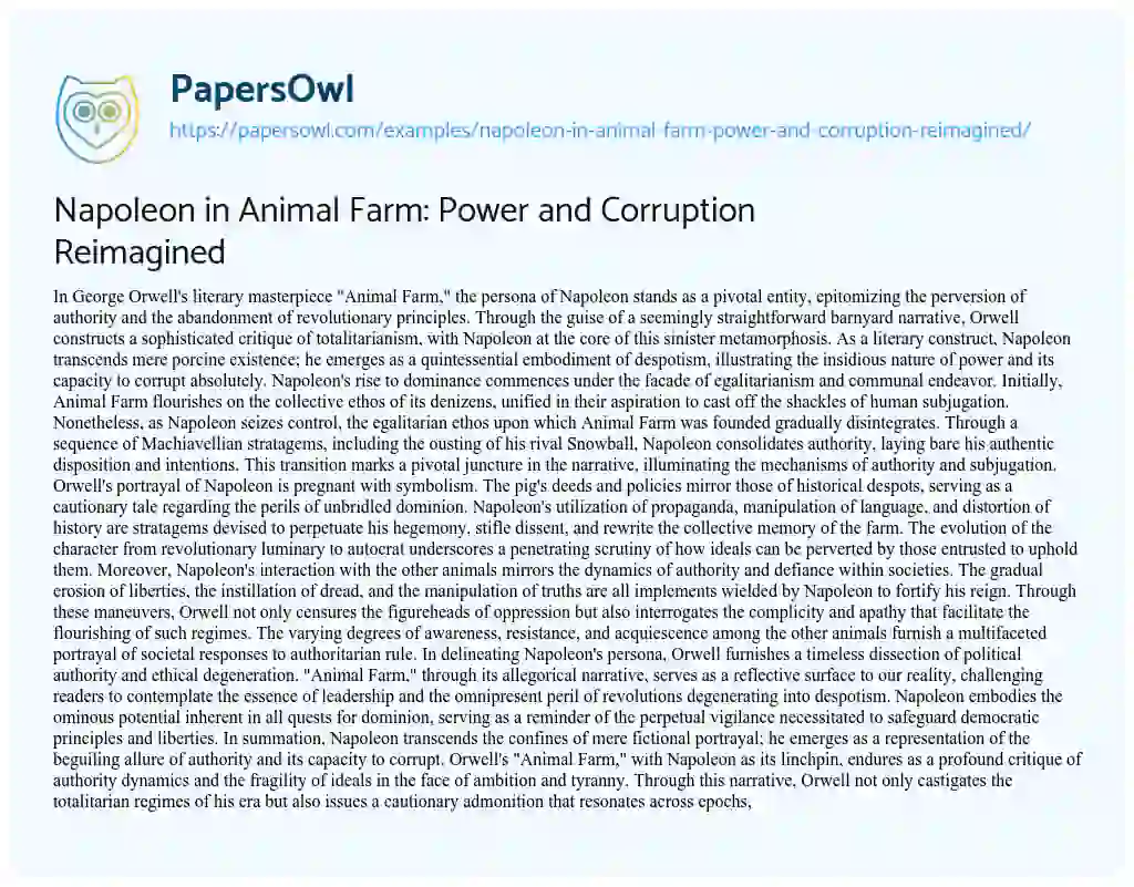 Essay on Napoleon in Animal Farm: Power and Corruption Reimagined