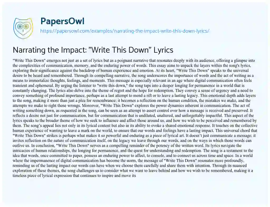 Essay on Narrating the Impact: “Write this Down” Lyrics