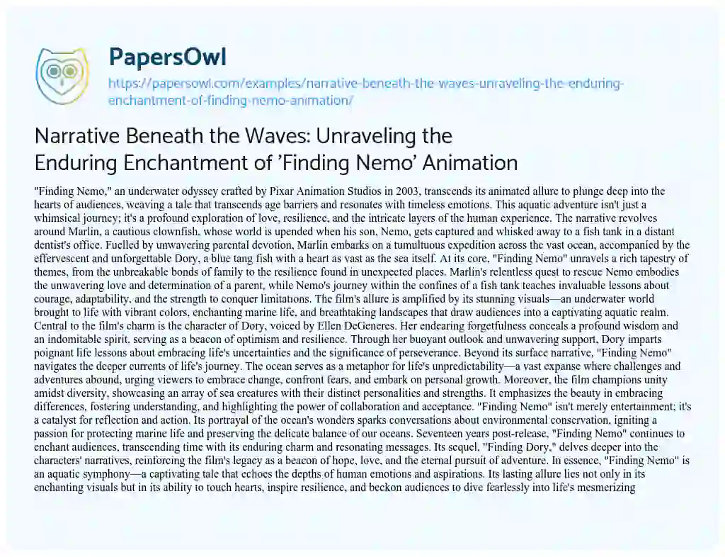 Essay on Narrative Beneath the Waves: Unraveling the Enduring Enchantment of ‘Finding Nemo’ Animation