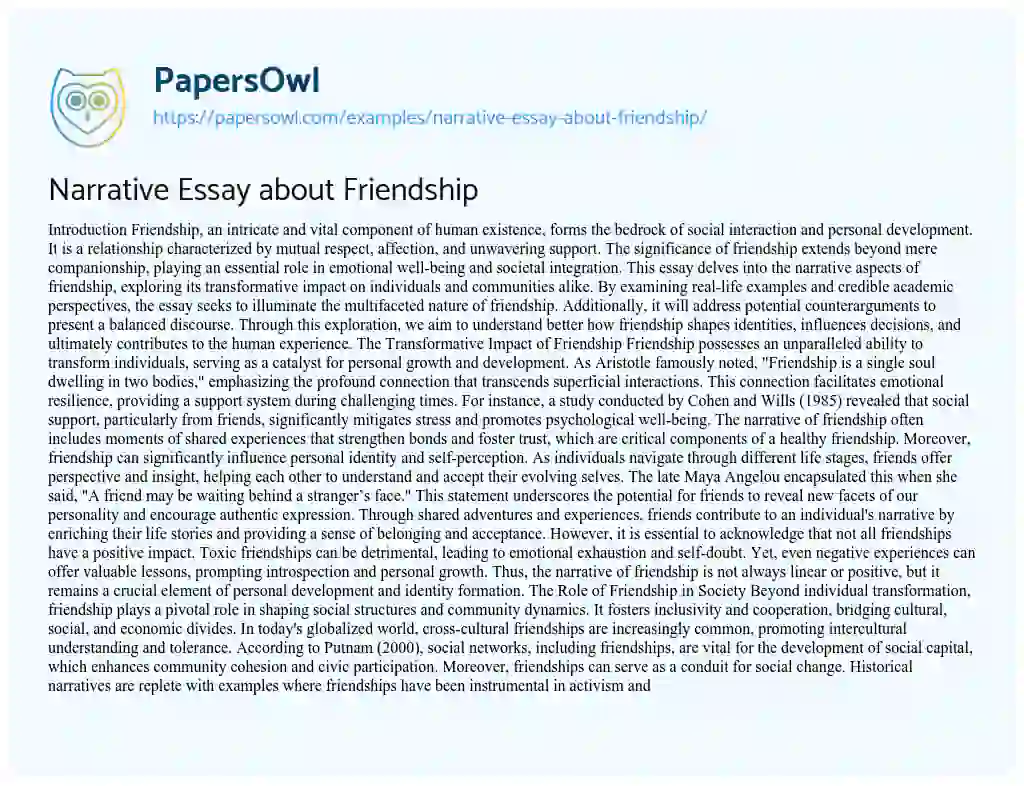 Essay on Narrative Essay about Friendship