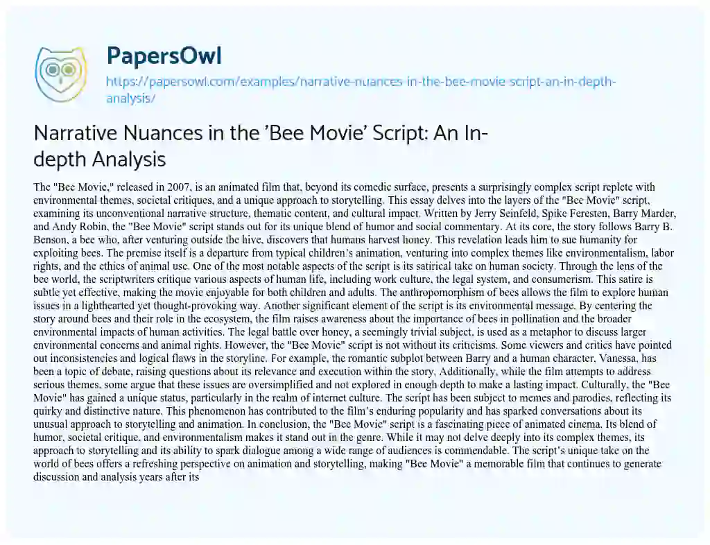 Essay on Narrative Nuances in the ‘Bee Movie’ Script: an In-depth Analysis