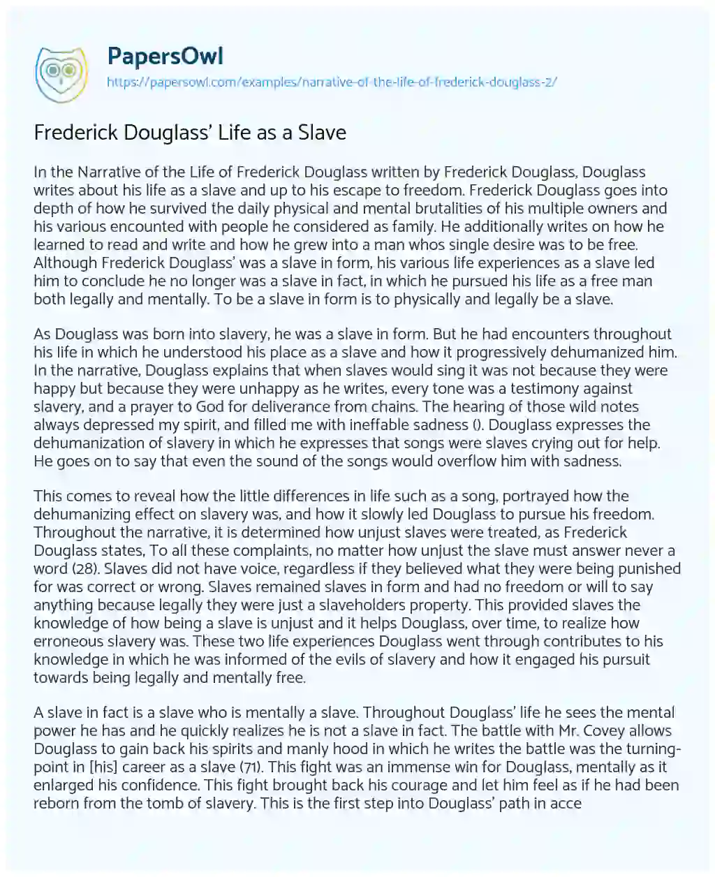 Frederick Douglass’ Life as a Slave essay