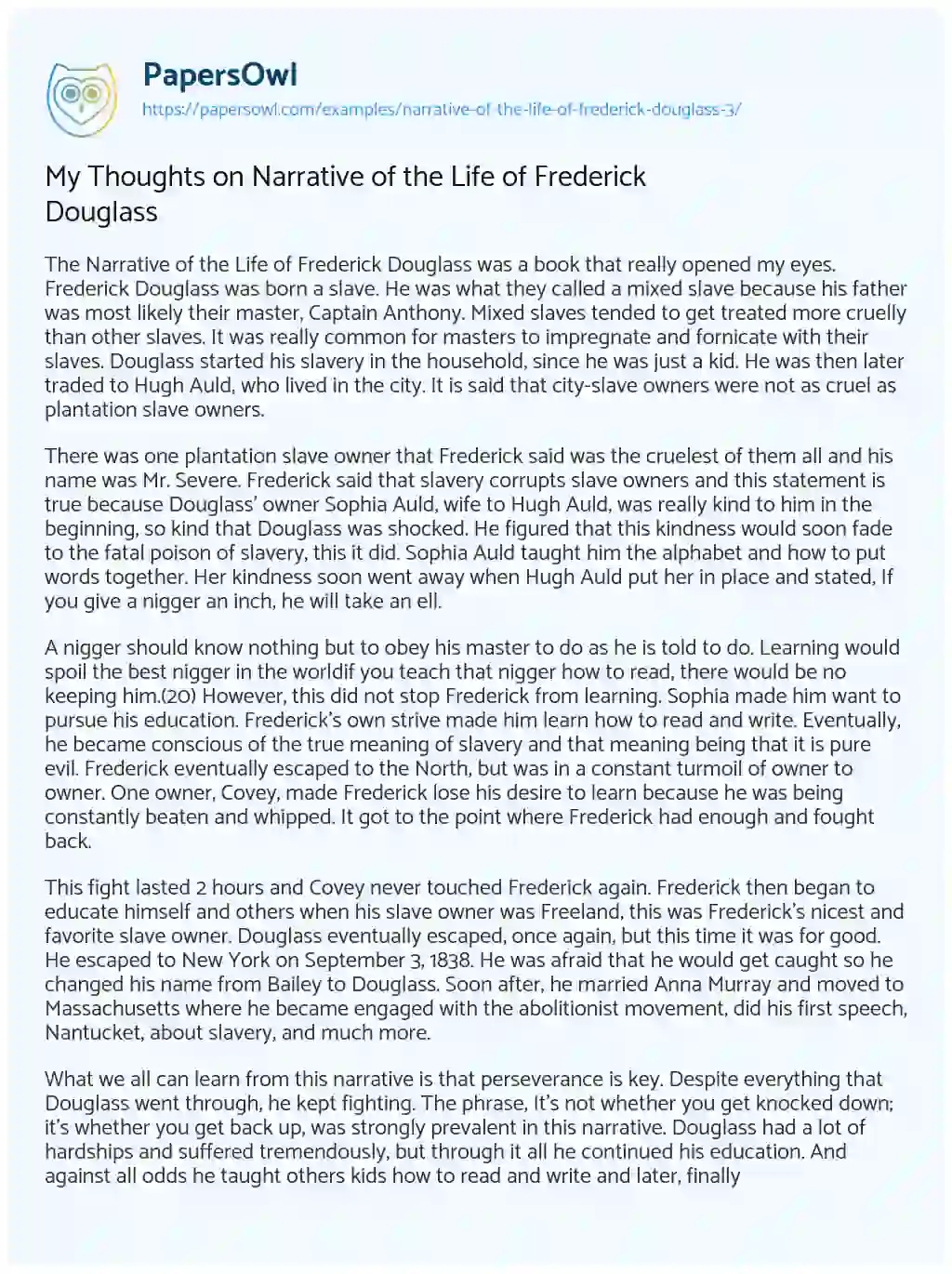Essay on My Thoughts on Narrative of the Life of Frederick Douglass