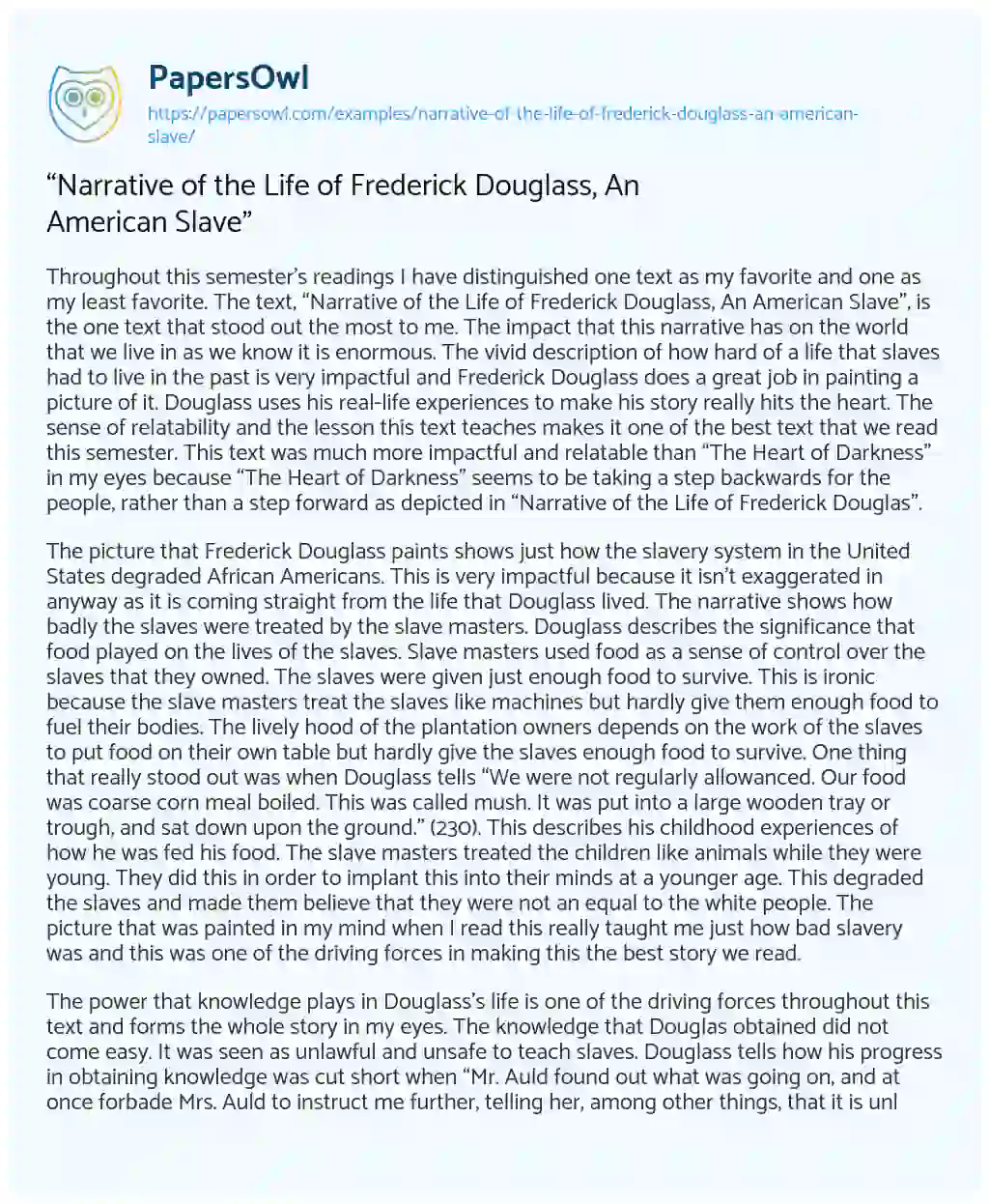 “Narrative of the Life of Frederick Douglass, an American Slave” essay