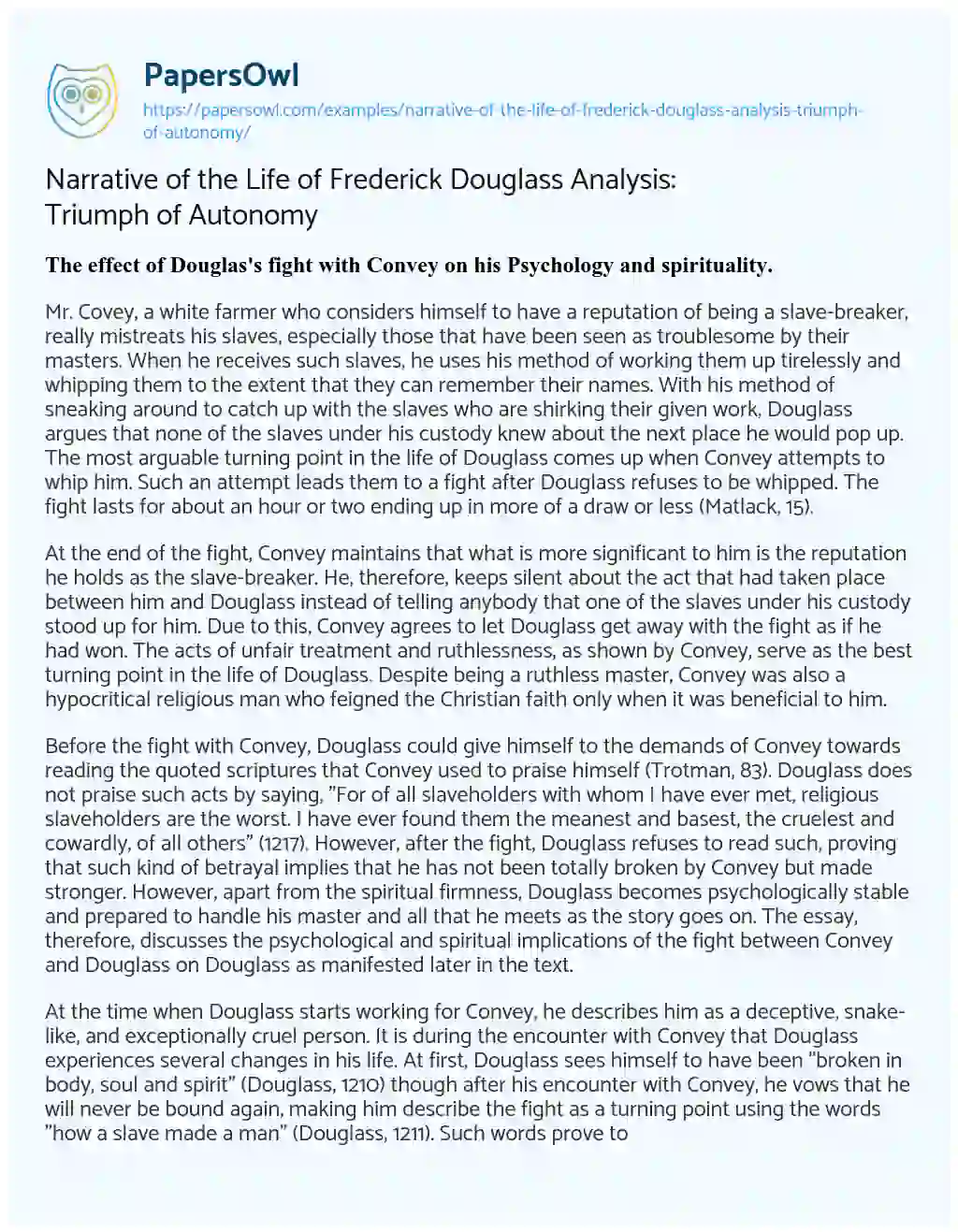 Essay on Narrative of the Life of Frederick Douglass Analysis: Triumph of Autonomy