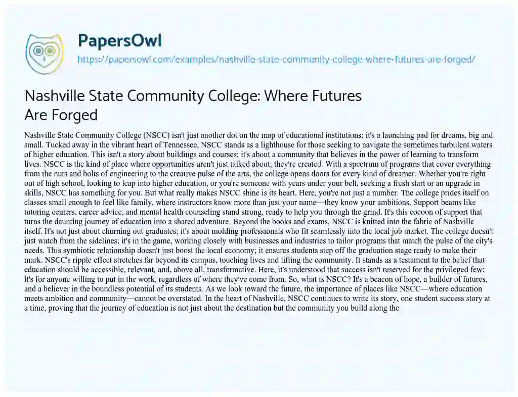 Essay on Nashville State Community College: where Futures are Forged