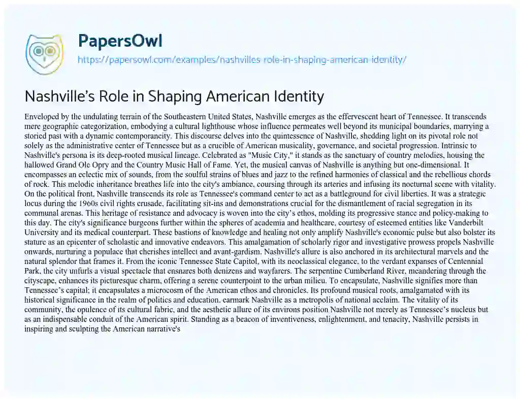 Essay on Nashville’s Role in Shaping American Identity