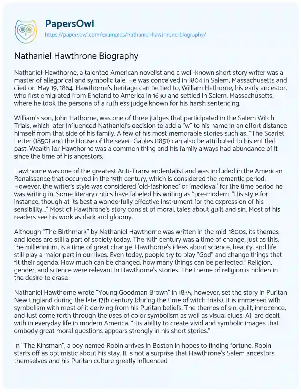 Nathaniel Hawthrone Biography essay