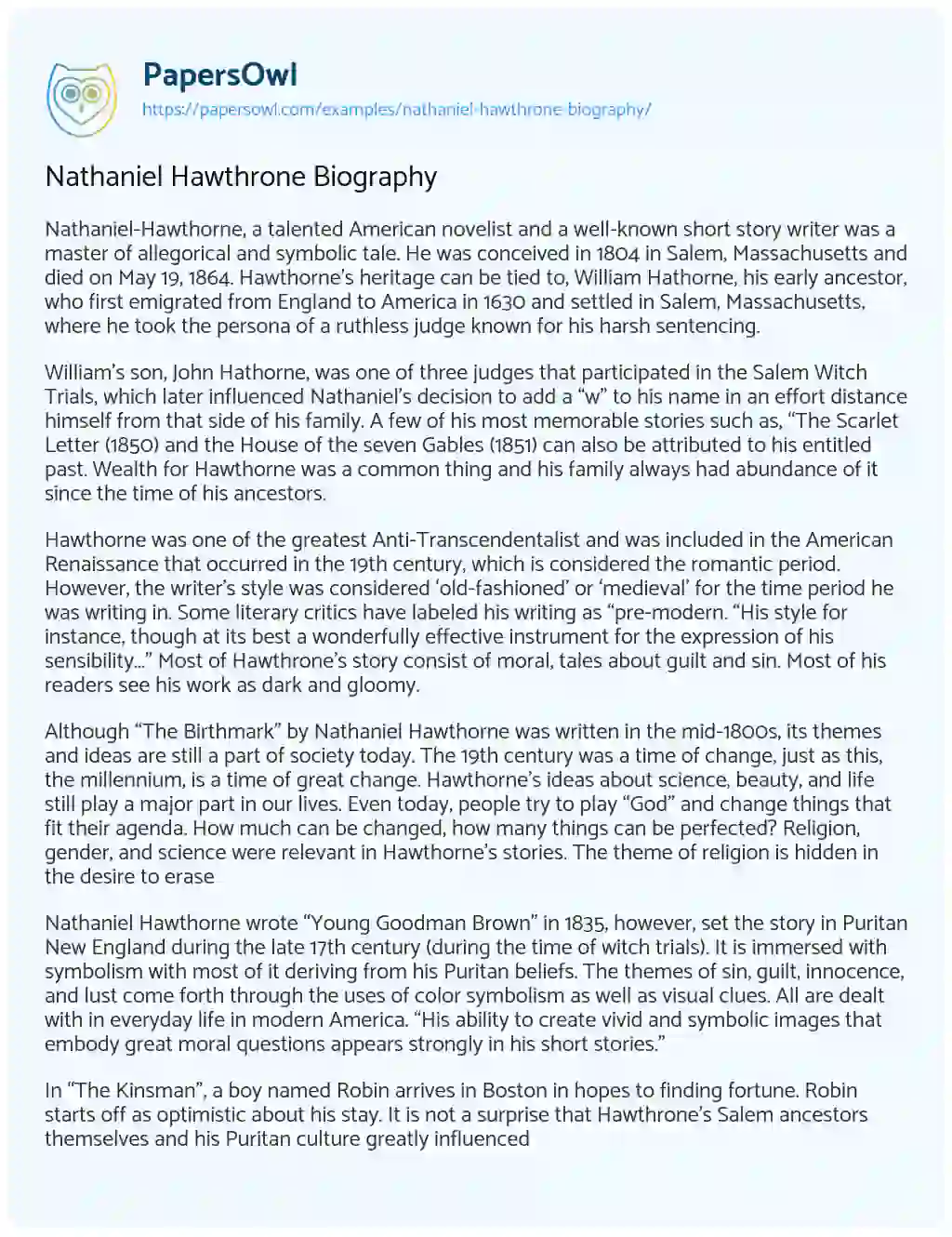 Essay on Nathaniel Hawthrone Biography