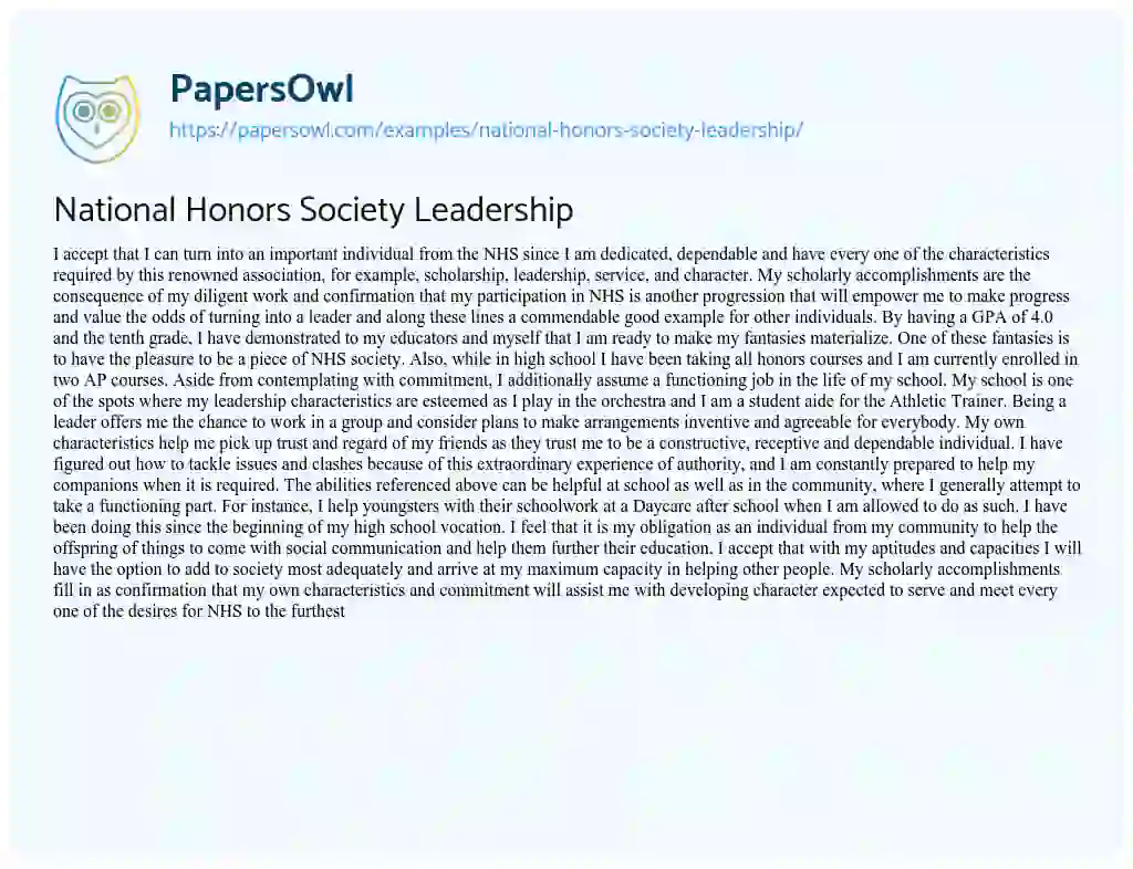 National Honors Society Leadership Free Essay Example 423 Words
