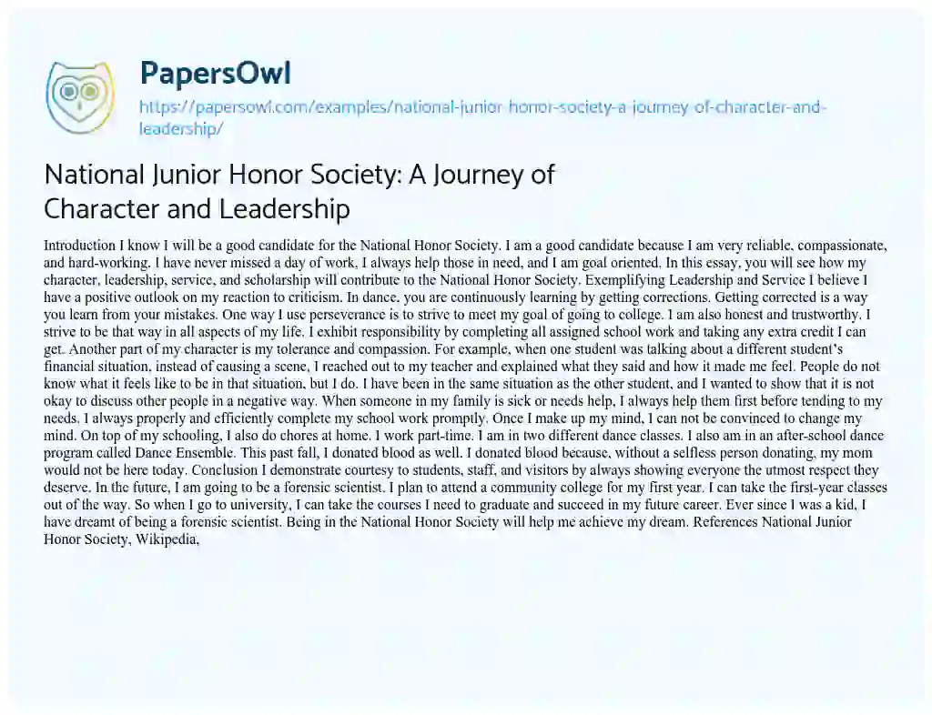 Essay on National Junior Honor Society: a Journey of Character and Leadership