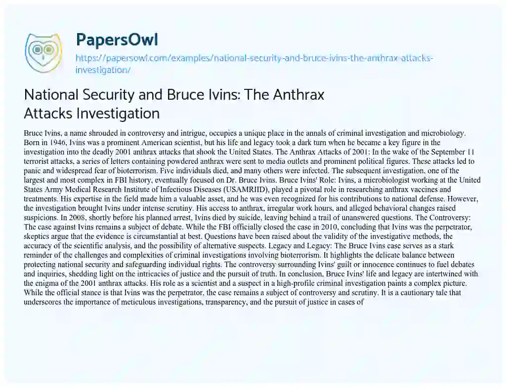 Essay on National Security and Bruce Ivins: the Anthrax Attacks Investigation