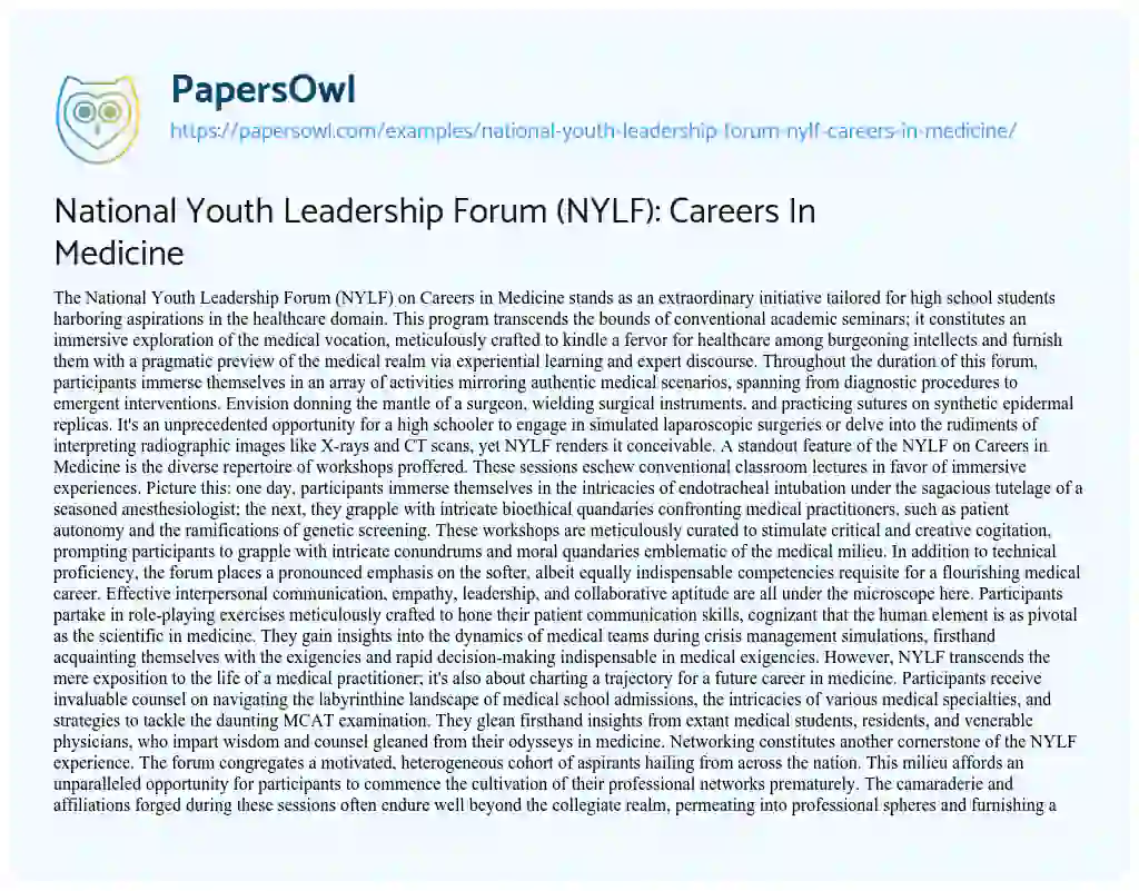 Essay on National Youth Leadership Forum (NYLF): Careers in Medicine