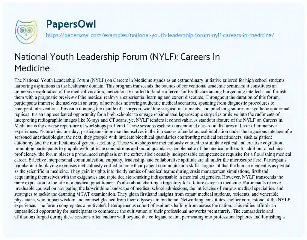 Essay on National Youth Leadership Forum (NYLF): Careers In Medicine