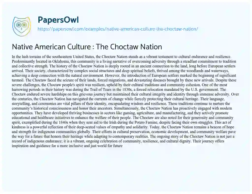 Essay on Native American Culture : the Choctaw Nation