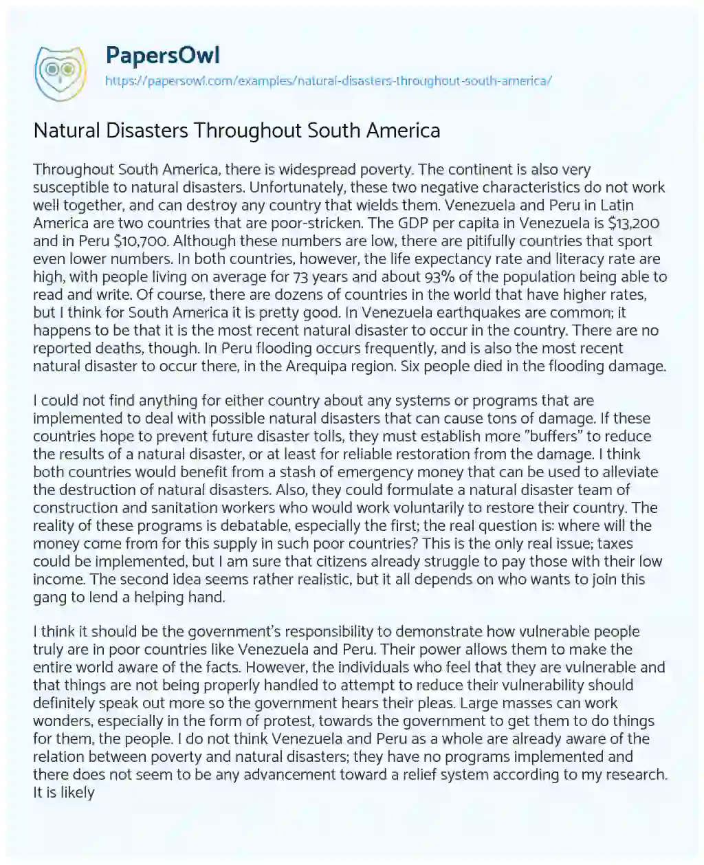 Essay on Natural Disasters Throughout South America