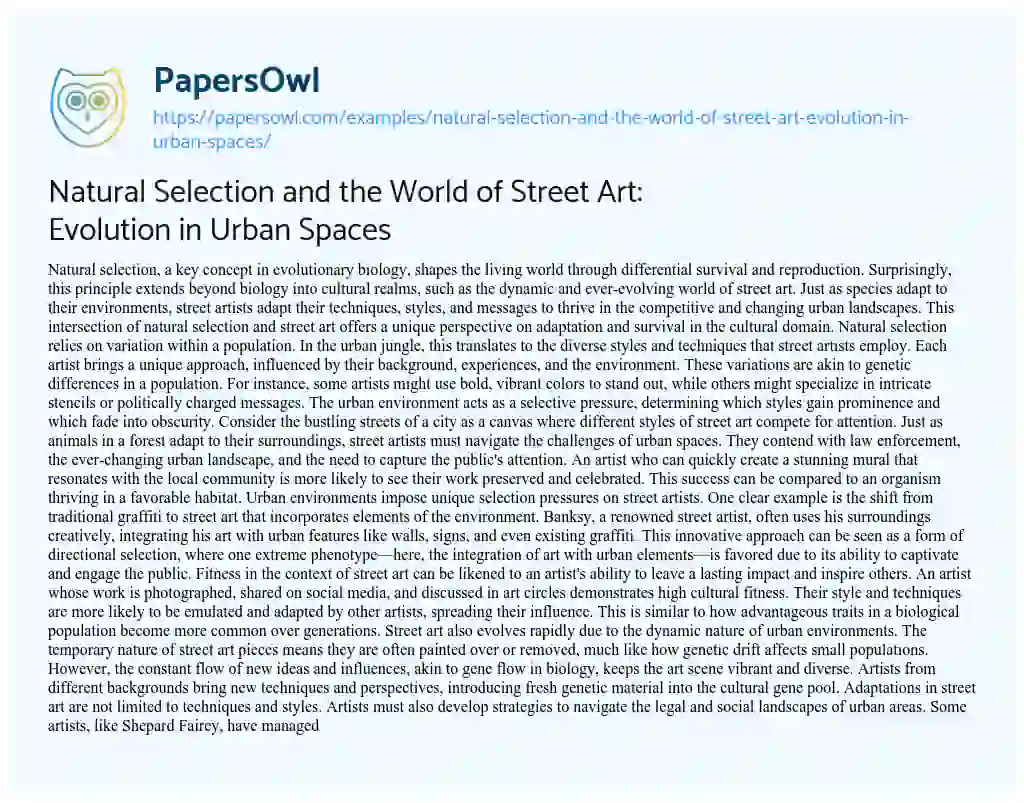 Essay on Natural Selection and the World of Street Art: Evolution in Urban Spaces