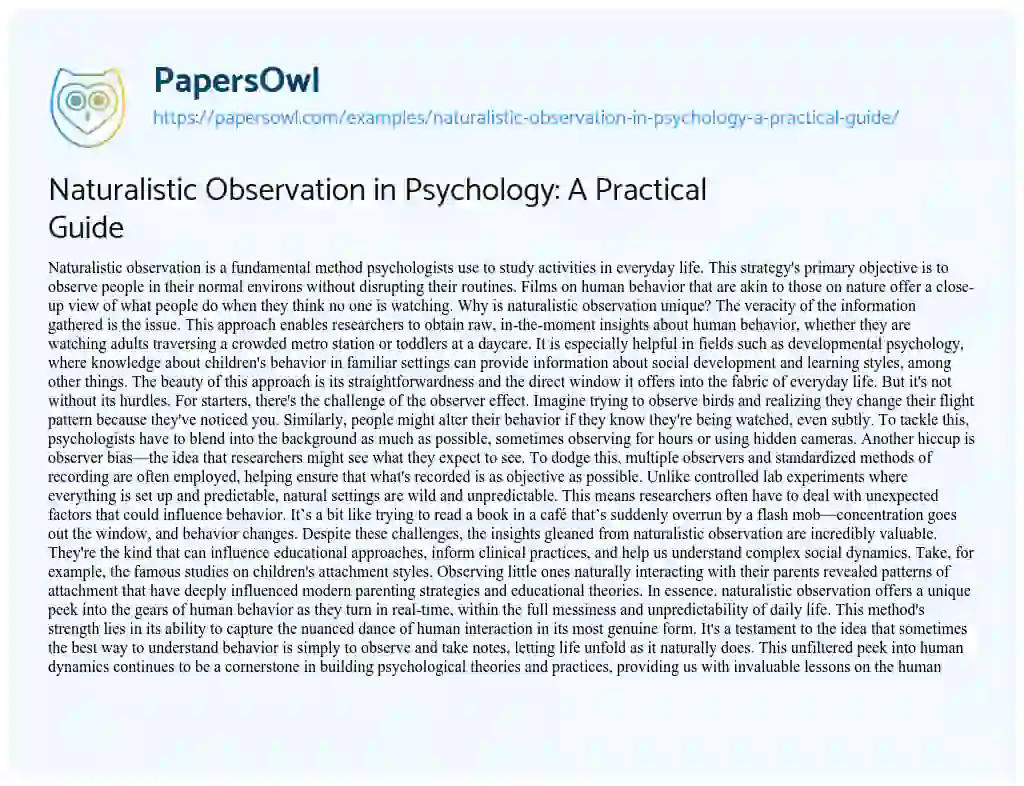 Essay on Naturalistic Observation in Psychology: a Practical Guide