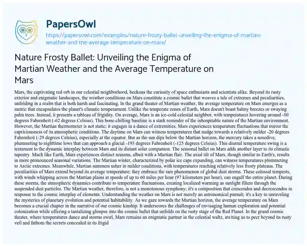 Essay on Nature Frosty Ballet: Unveiling the Enigma of Martian Weather and the Average Temperature on Mars