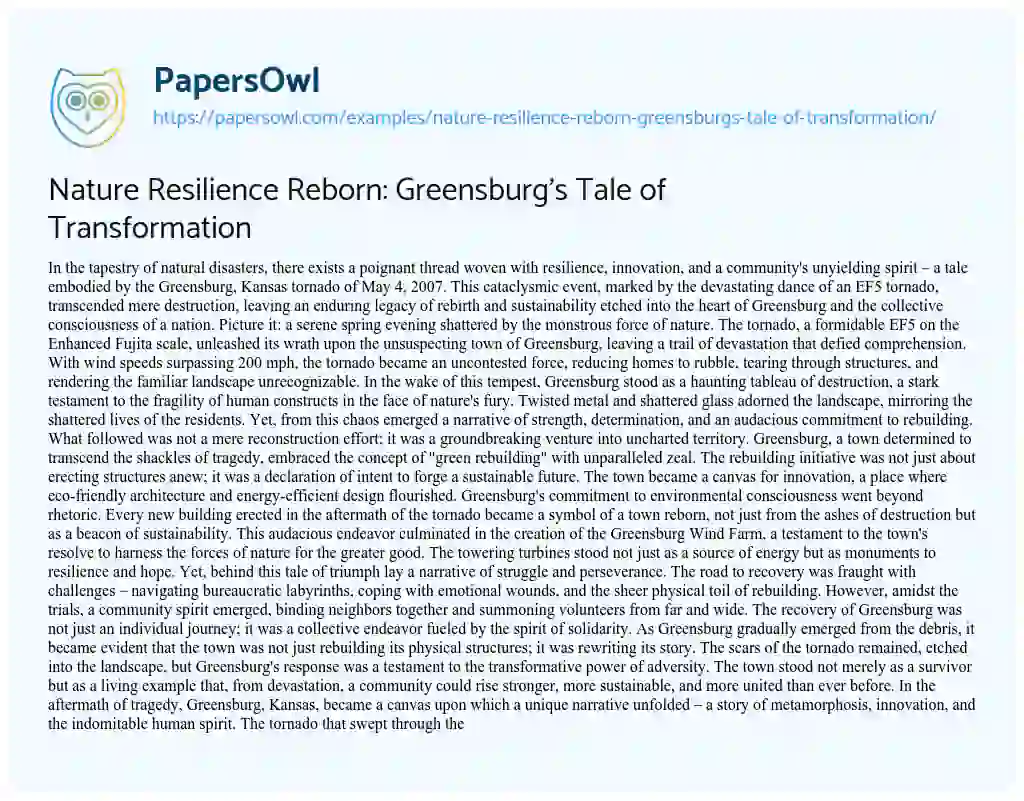 Essay on Nature Resilience Reborn: Greensburg’s Tale of Transformation