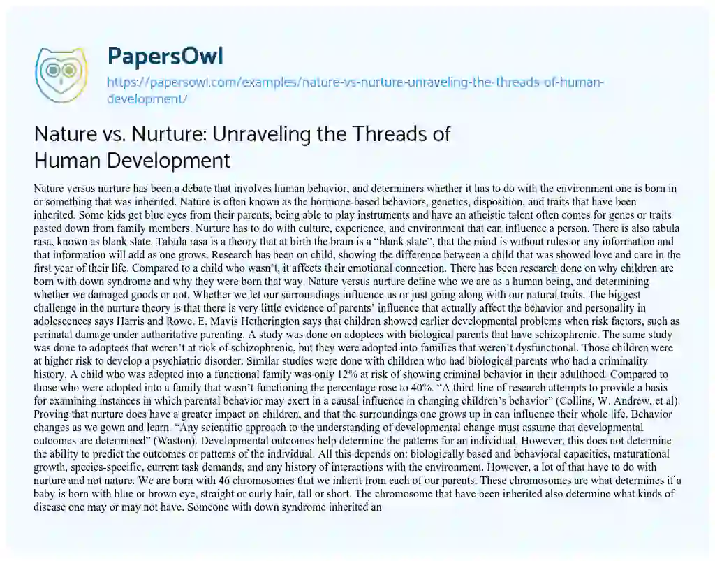 Essay on Nature Vs. Nurture: Unraveling the Threads of Human Development