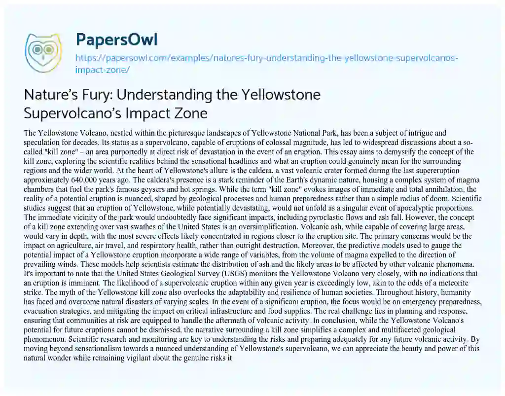 Essay on Nature’s Fury: Understanding the Yellowstone Supervolcano’s Impact Zone