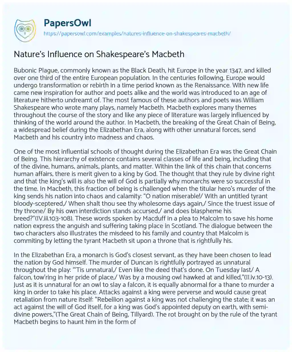 Essay on Nature’s Influence on Shakespeare’s Macbeth