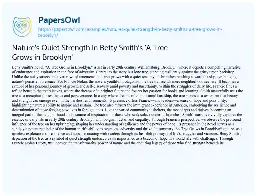 Essay on Nature’s Quiet Strength in Betty Smith’s ‘A Tree Grows in Brooklyn’