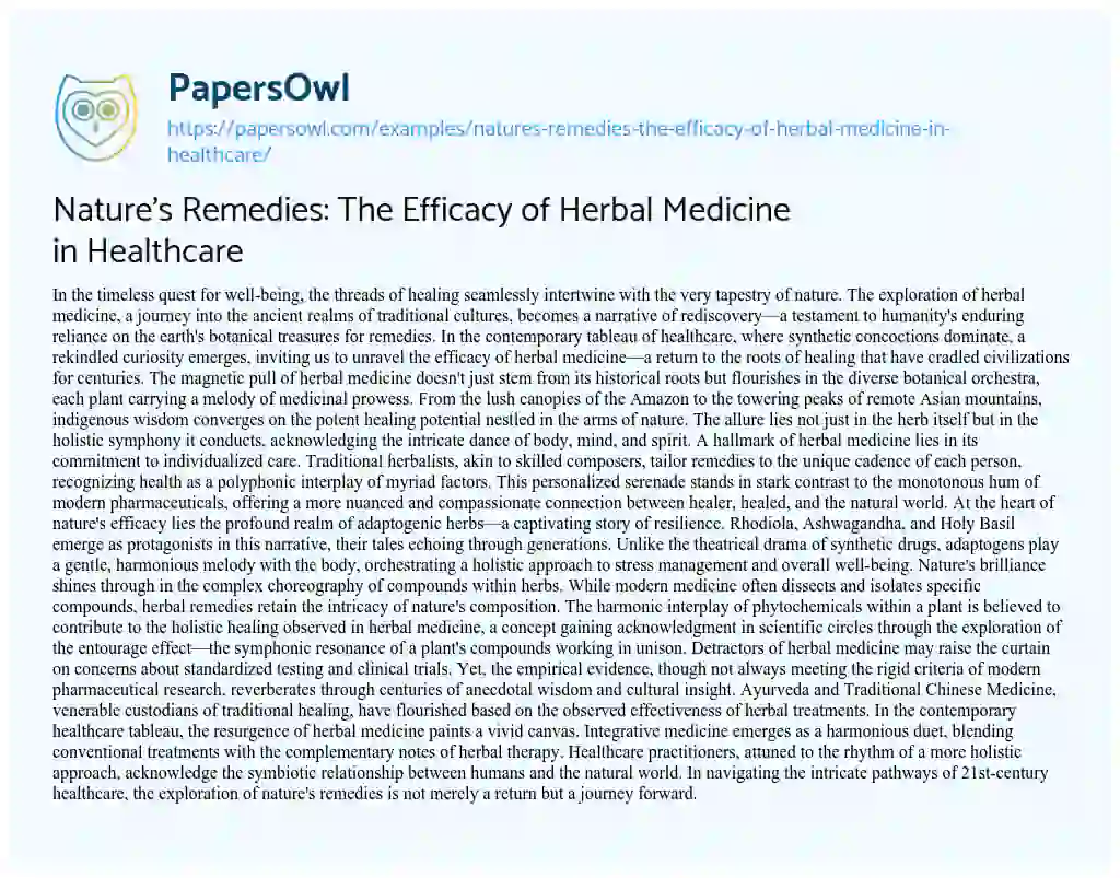 Essay on Nature’s Remedies: the Efficacy of Herbal Medicine in Healthcare