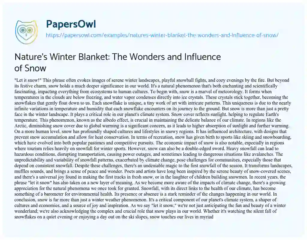 Essay on Nature’s Winter Blanket: the Wonders and Influence of Snow