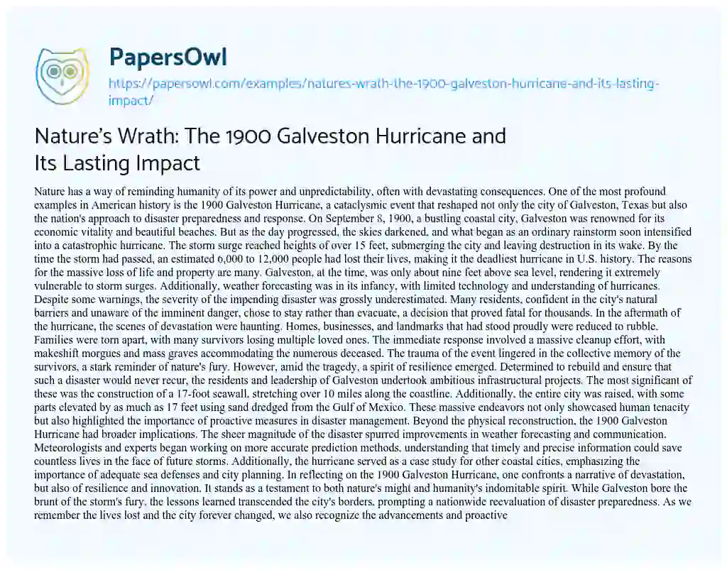 Essay on Nature’s Wrath: the 1900 Galveston Hurricane and its Lasting Impact