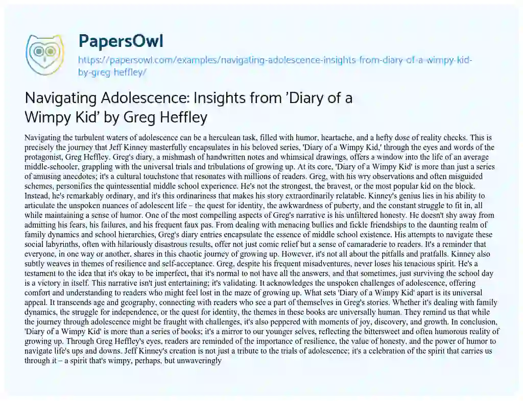Essay on Navigating Adolescence: Insights from ‘Diary of a Wimpy Kid’ by Greg Heffley