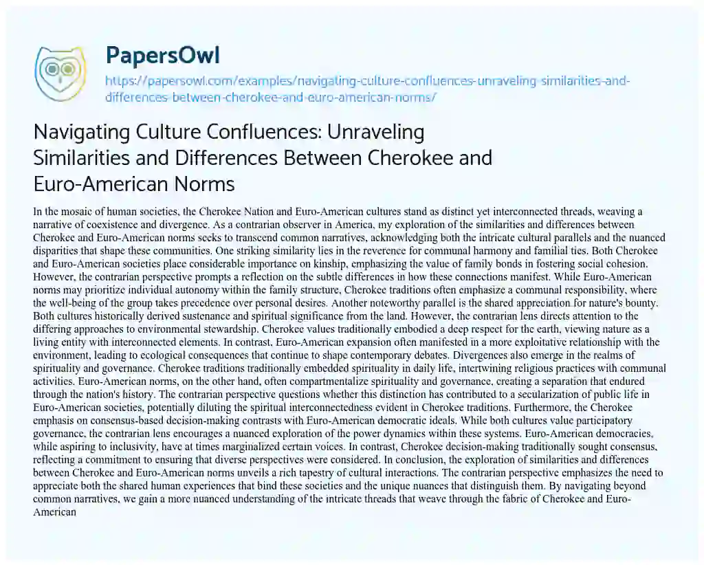 Essay on Navigating Culture Confluences: Unraveling Similarities and Differences Between Cherokee and Euro-American Norms